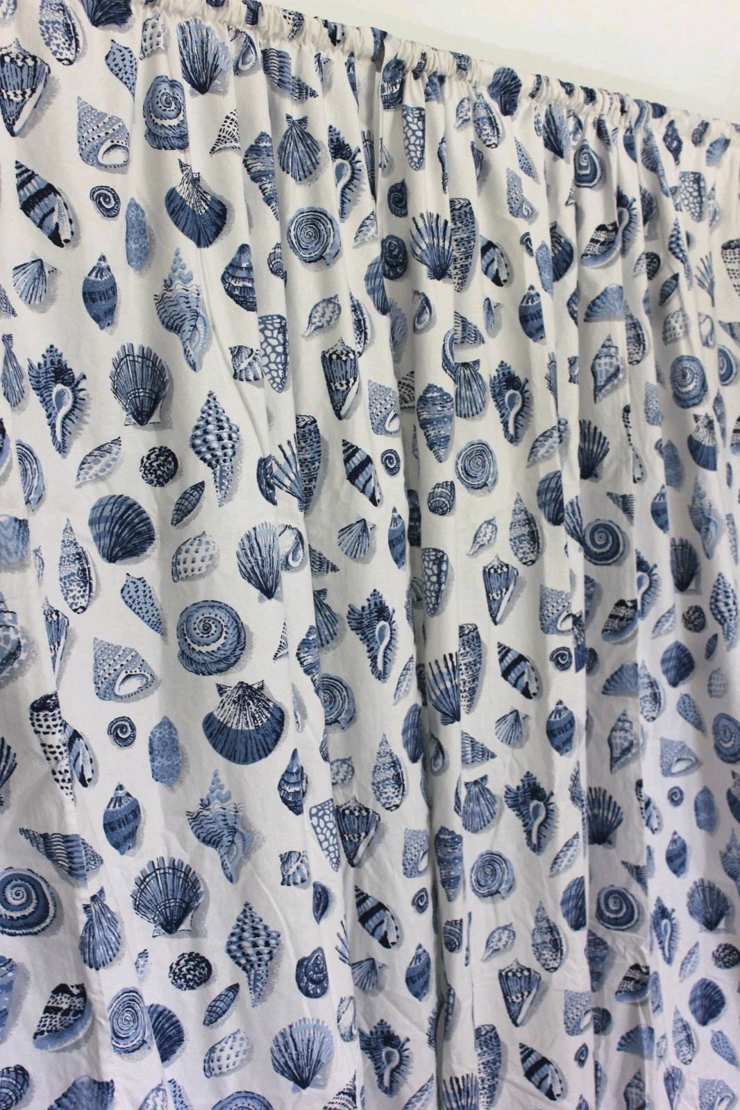 Custom Curtains Blue White Seashell Toile Vtg 3-Pc Drapery Set Beachcomber