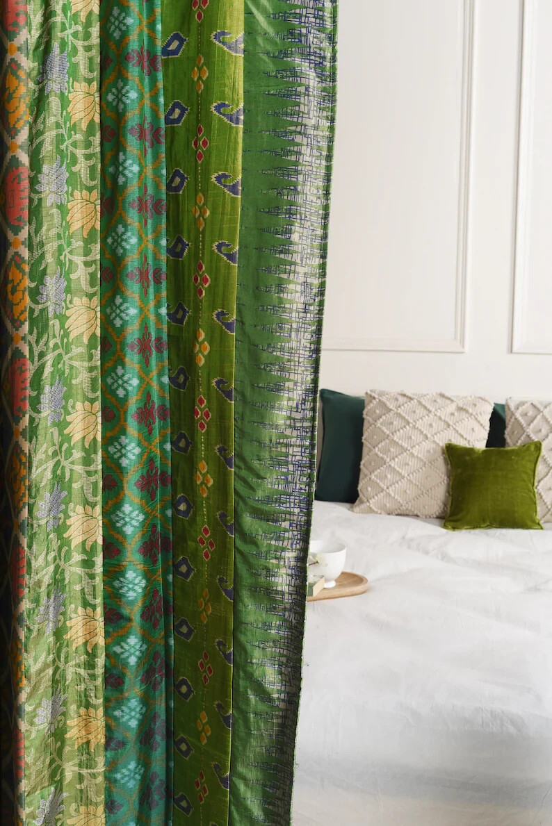 2 Pcs Indian Sari Patchwork Curtain Drape Window Decor Green Silk Sari Curtain