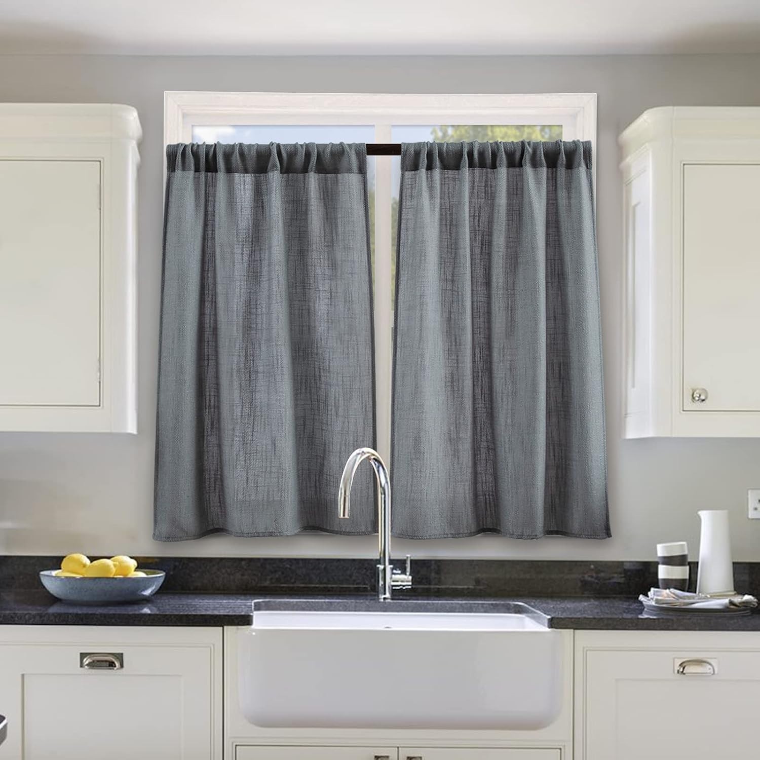 Elegant Grey Burlap Look Short Curtains – 45″ Rod Pocket Panels for Kitchen