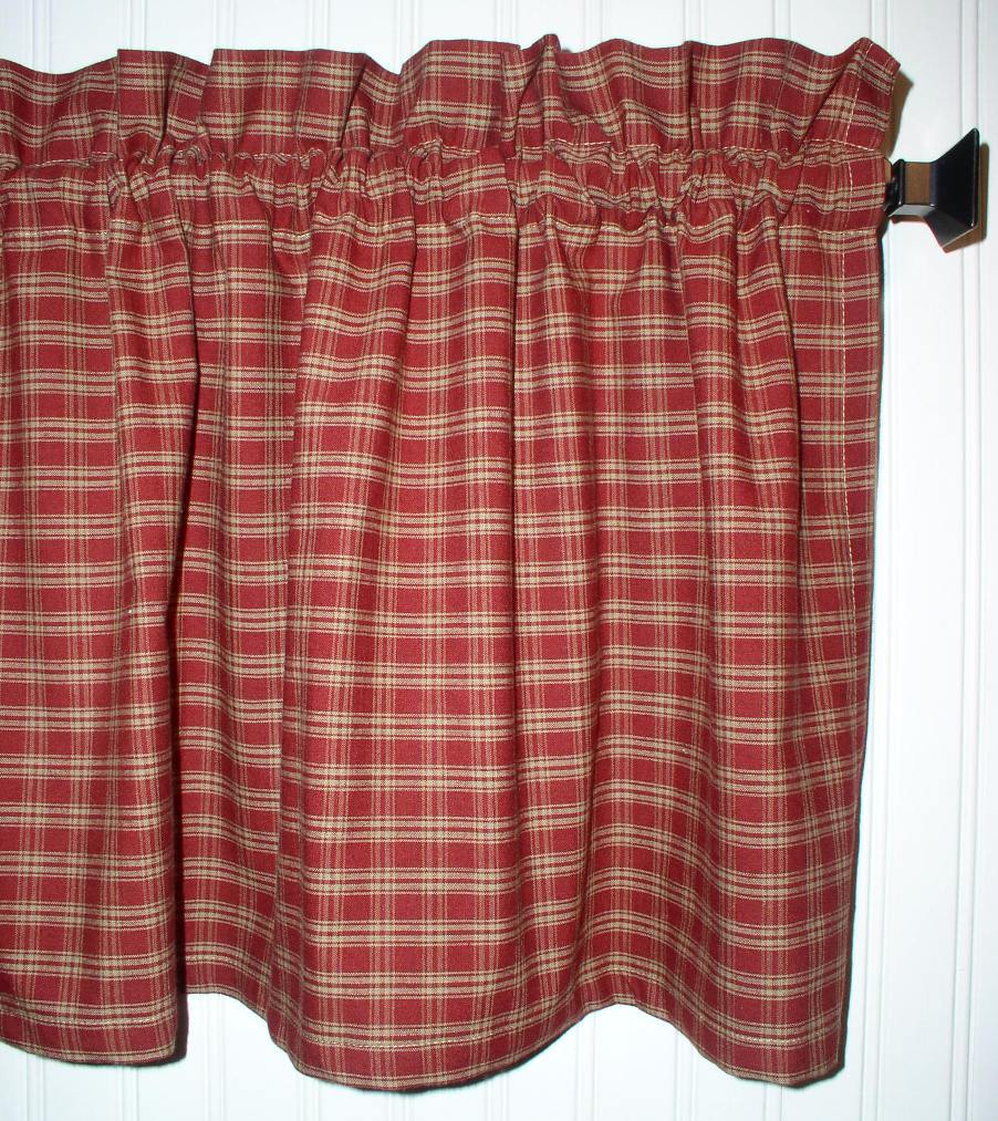 Berry Red Plaid Valance Tiers Primitive Country Curtains Kitchen Valance