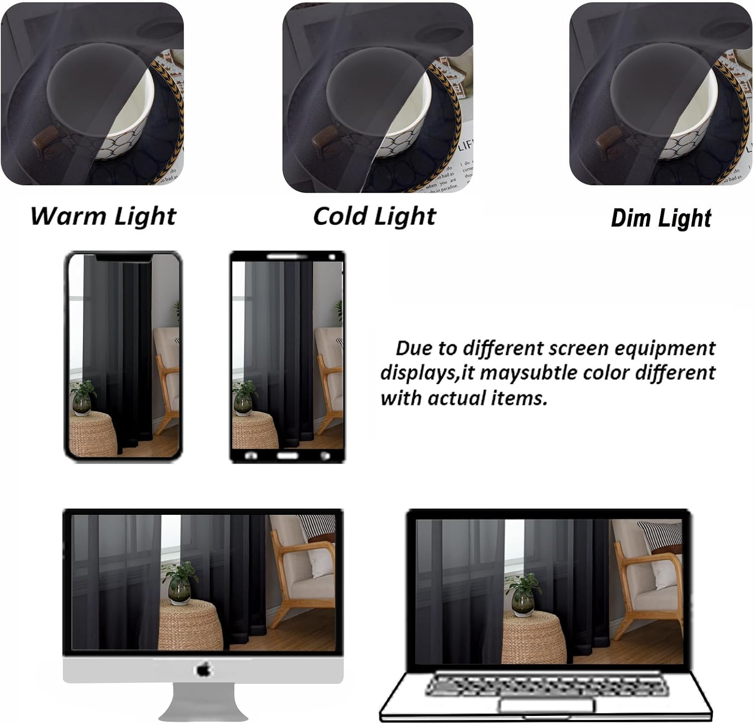 Black Sheer Curtains 54 Inch Length for Bedroom – Light Filtering Short Curtains