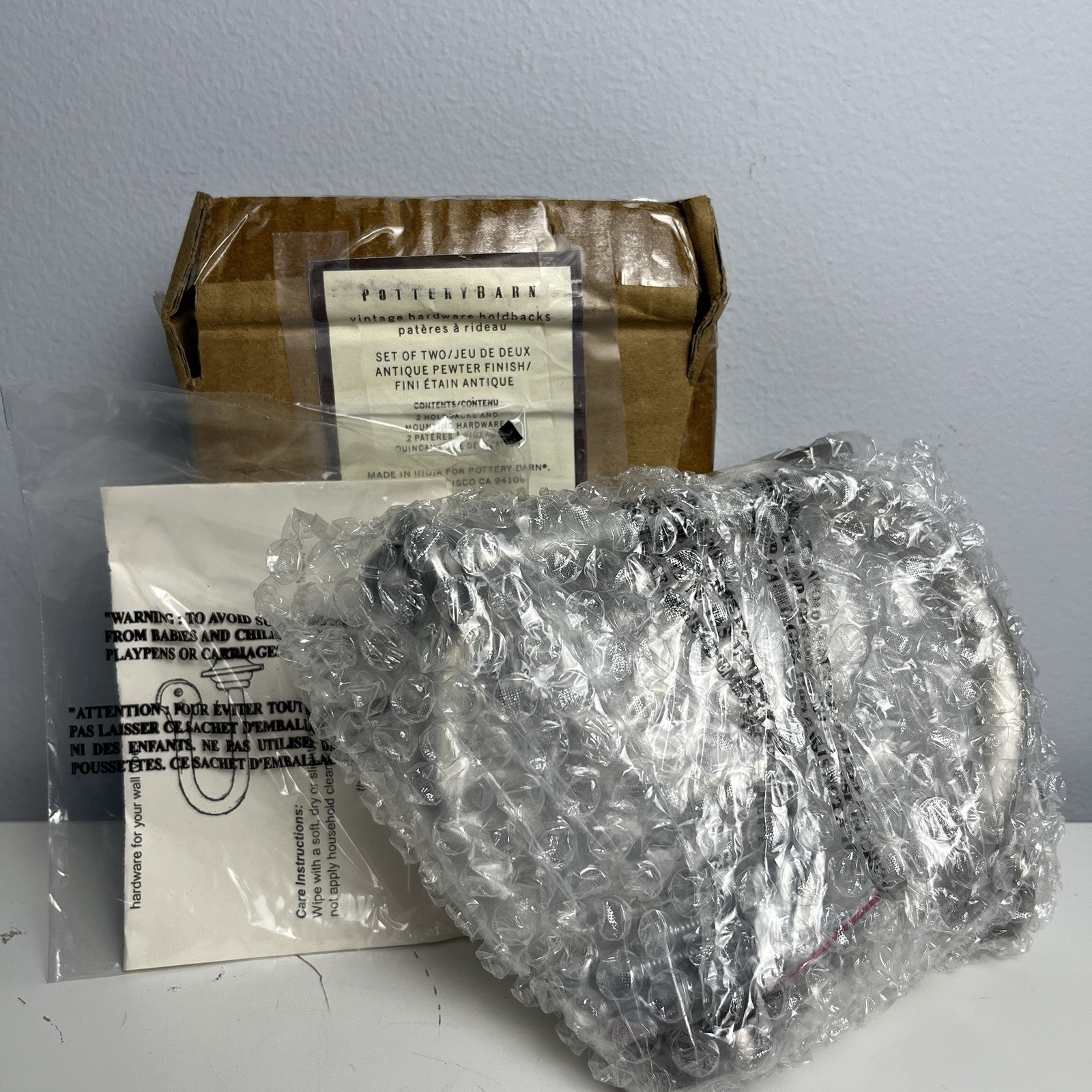 Pottery Barn Pewter Curtain Holdbacks-Set/2-NEW OPEN BOX with Hardware