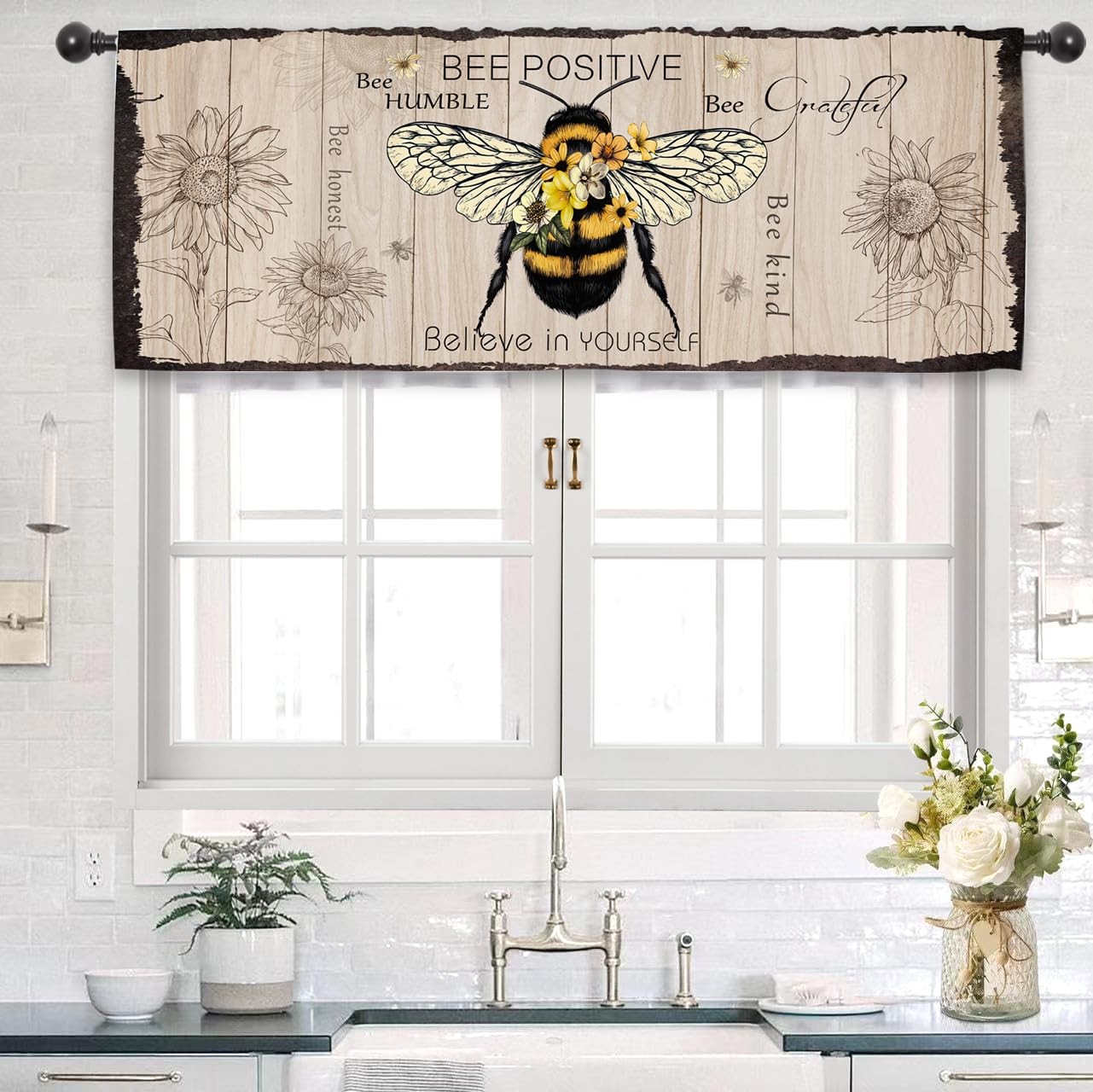 Rustic Bee Farmhouse Kitchen Curtain Valance 54W x 18L Inch Country Positive …