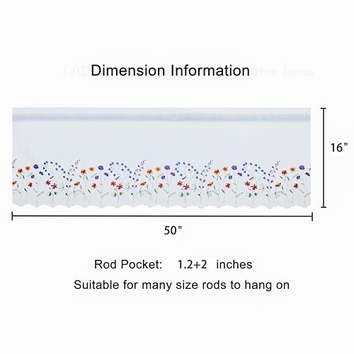 PKT Floral Embroidery Curtain Valance, White Elegant 50″W x 16″L (Pack of 1)