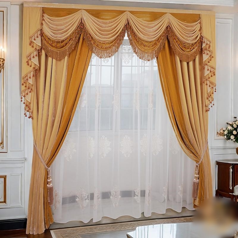 luxury European yellow Embroidery valance livingroom Velvet curtain tulle M1775