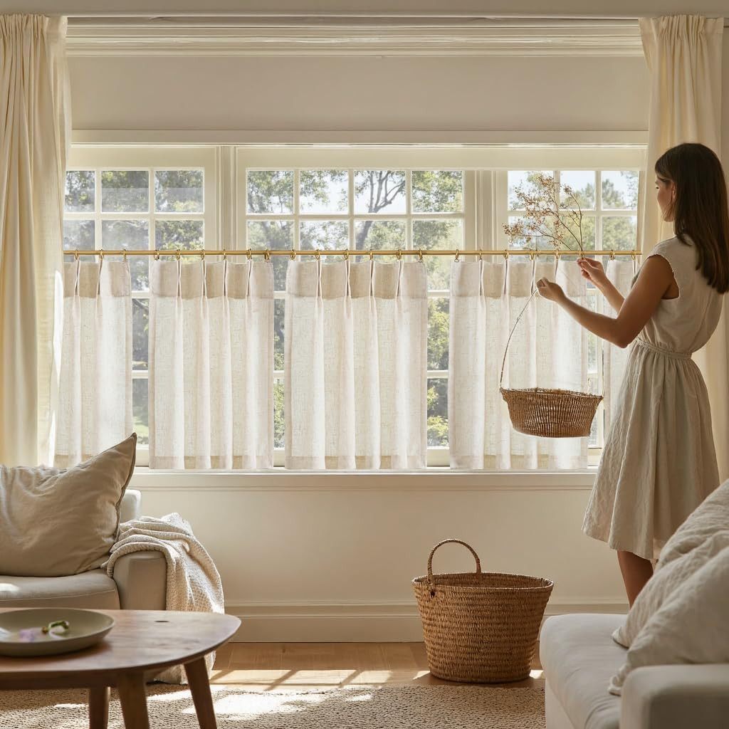 Linen Pinch Pleated Back Tab Tier Curtains,26X24,2 Panels,Natural | Light Filter
