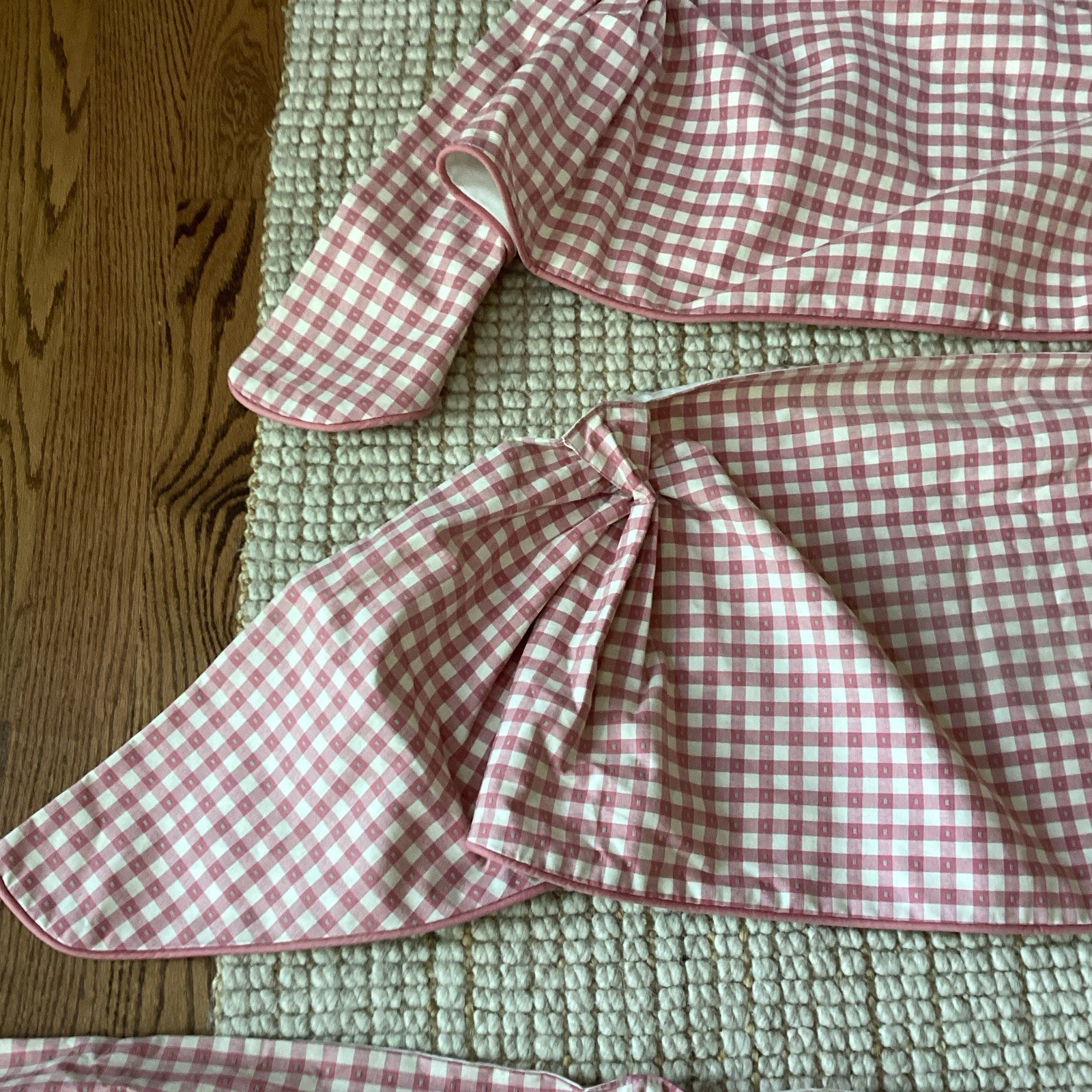 4 Custom Made Pink Gingham Window Valance Swag Lined Piping 14×54″ and 11×69″