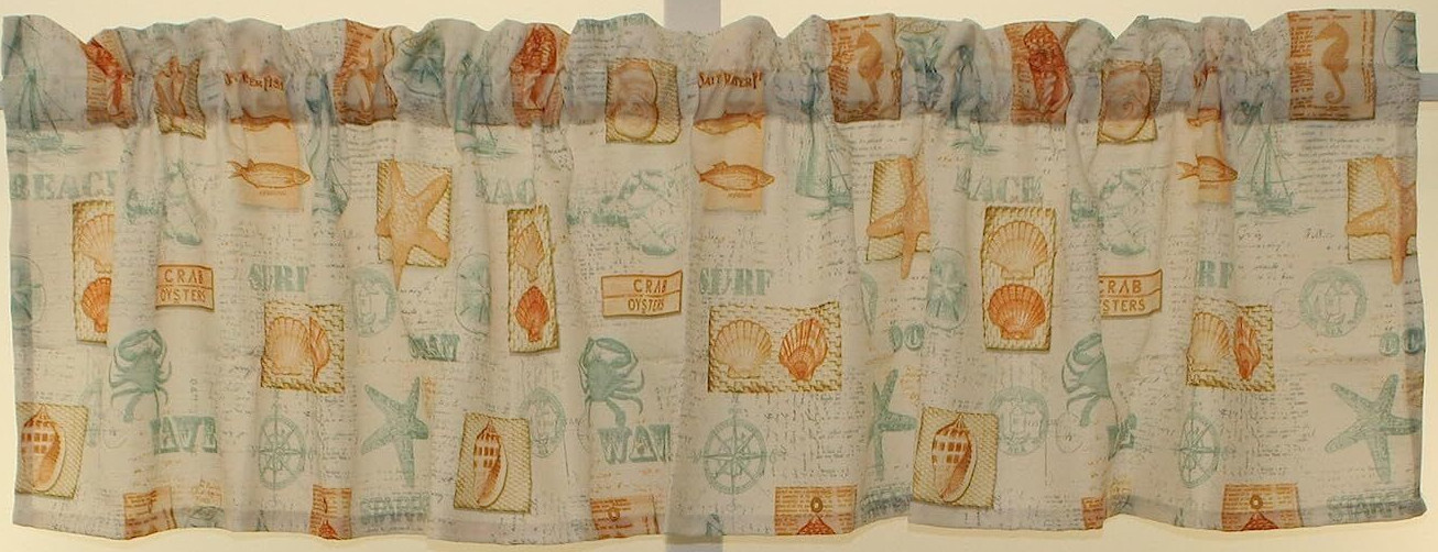 By The Sea Green Window Curtain Rod Pocket Marine Starfish Crab Nautical Fish