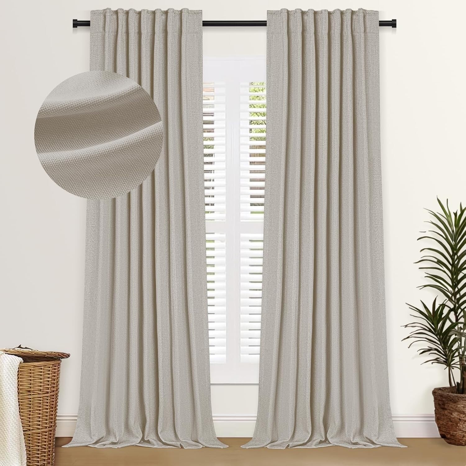 100% Blackout Shield Linen Curtains 2 Panels Set 50″ W x 84″ L Thatched Tan NEW