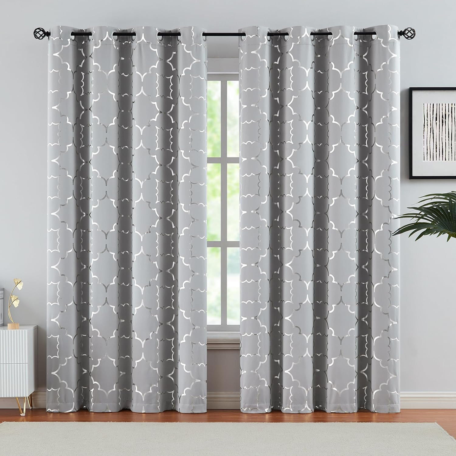 Purainbow Grey Blackout Curtain Panels for Bedroom 84″ Silver Foil Moroccan Meta