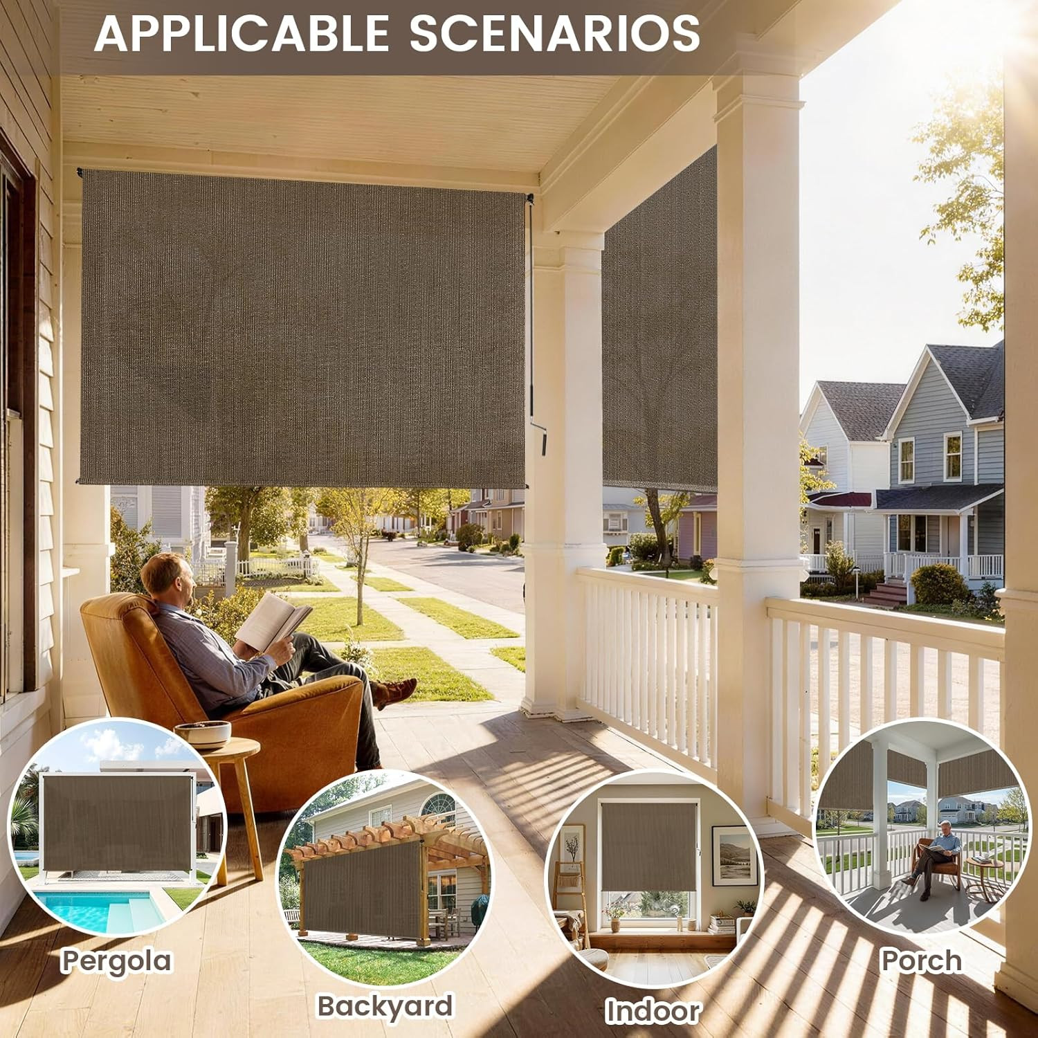 Outdoor Roller Shades for Patio, Mocha 10′ W X 8′ H Cordless Patio Shades Roll u
