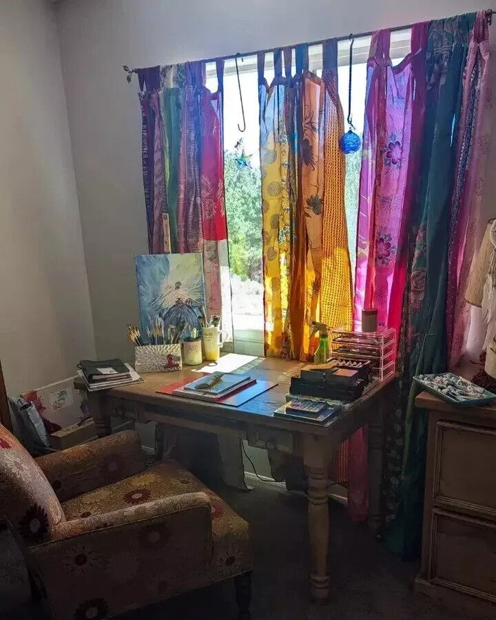 Indian Vintage Silk Sari Patchwork multi Color Curtain Drape Home Window Decor,