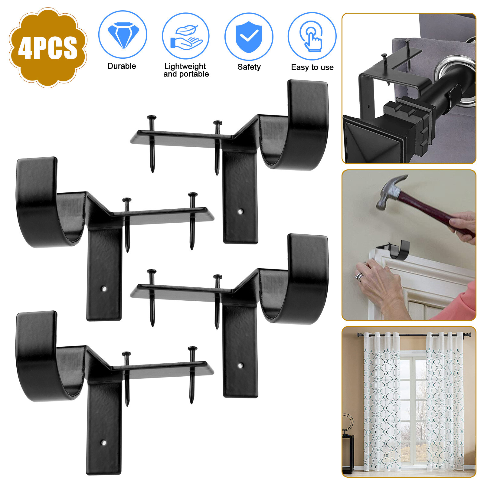 4Pcs Hole-Free Hang Curtain Bracket Rod Holders Single Hook Into Window Frame