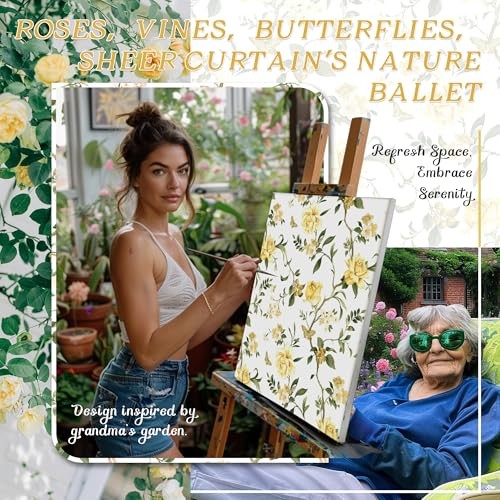Floral Sheer Curtains for Windows, Short Semi 30″W x 36″L (Pack of 2) Yellow