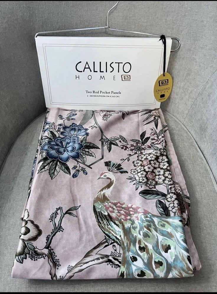 1-NWT CALLISTO HOME PEACOCK PRINT CURTAINS SET OF 2 PANELS SIZE 38”x 96”