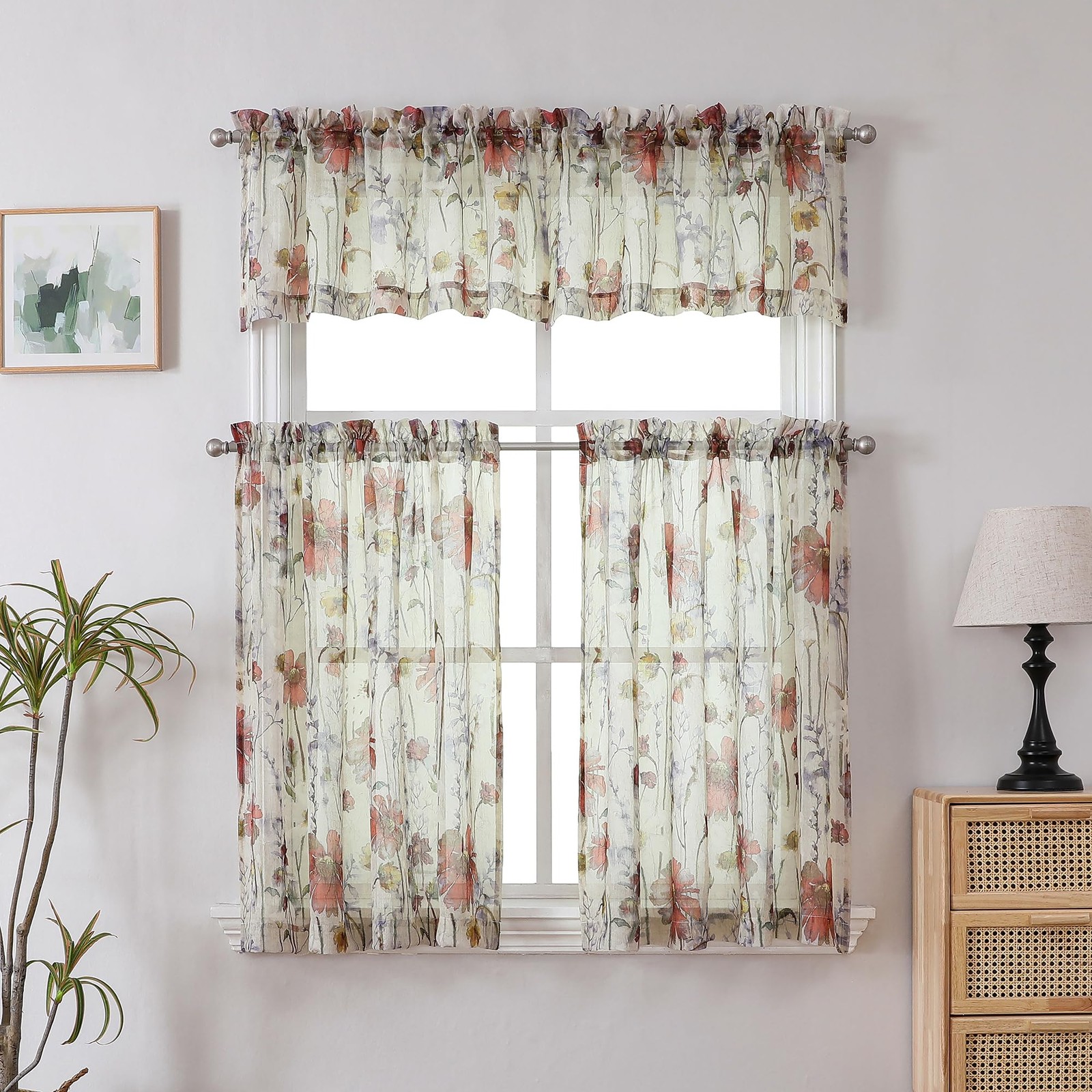 Crushed Sheer Kitchen Cafe Curtains Tiers 24 Inch Length 2 Panels, Printed De…
