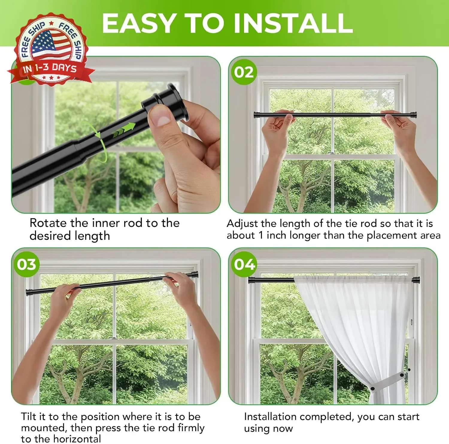 2 Pack Spring Tension Rods 28-48 Inches No Drill Tension Curtain Rods Black Spri