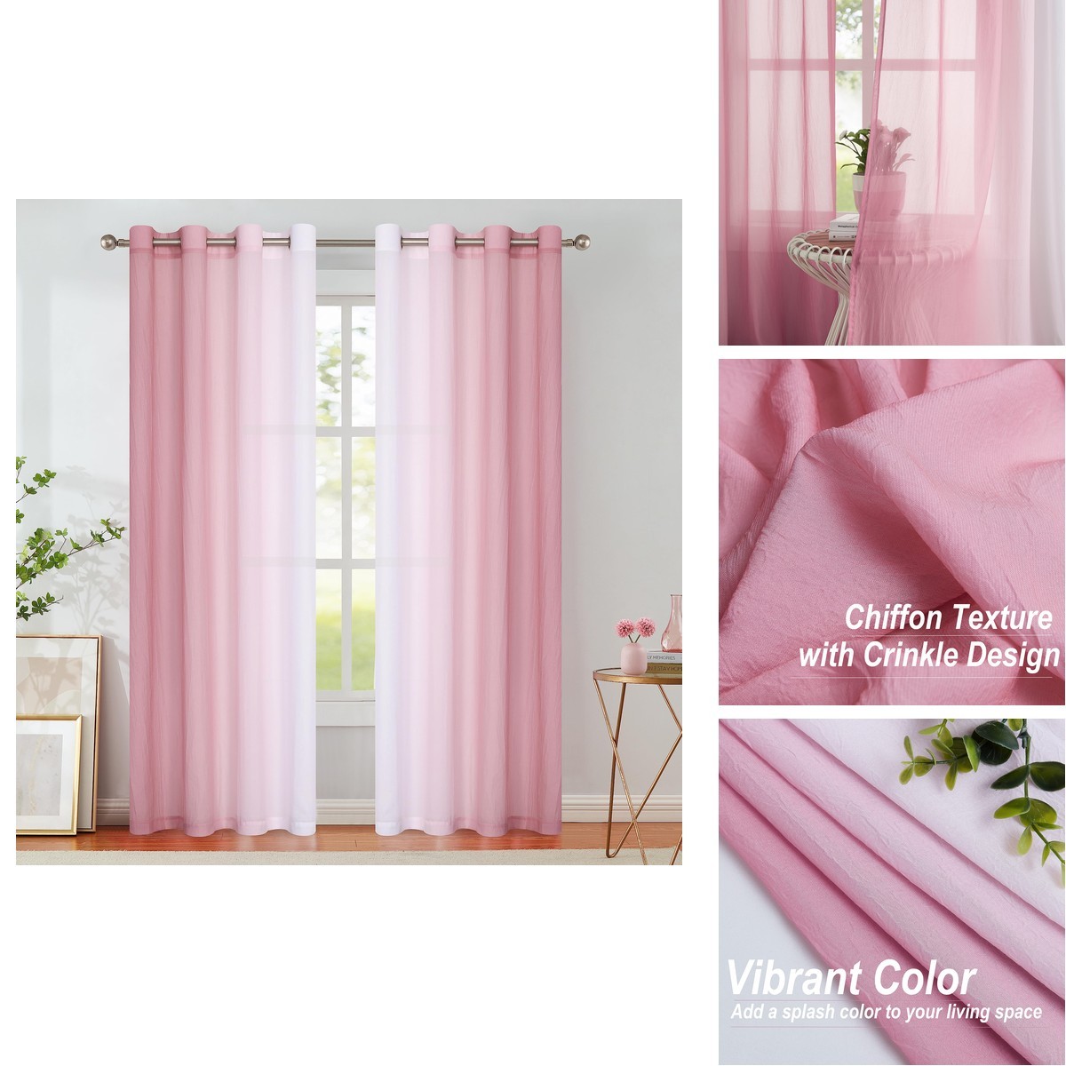 Purainbow Pink Ombre Sheer Curtains Living Room Chiffon Crinkle Semi Sheer