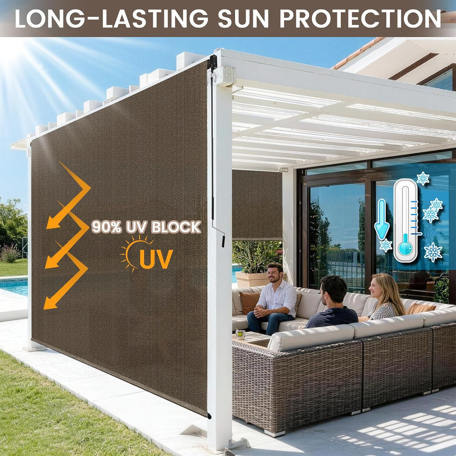 Outdoor Roller Shades for Patio, Mocha 10′ W X 8′ H Cordless Patio Shades Roll u