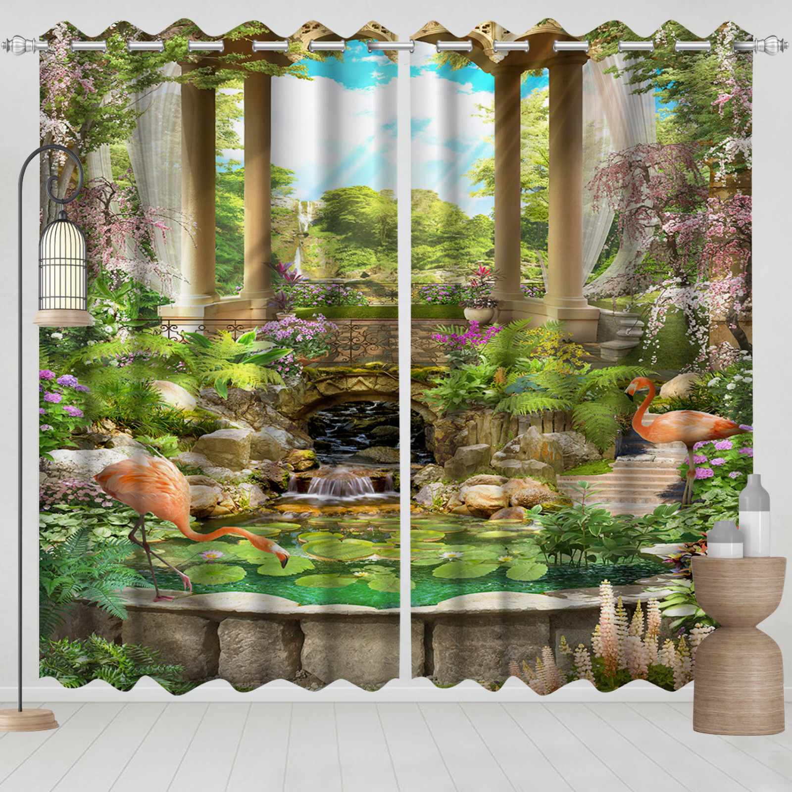 Green Leaf Pink Flamingo 3D 2 Panels Window Curtains Blockout Drapes Fabric