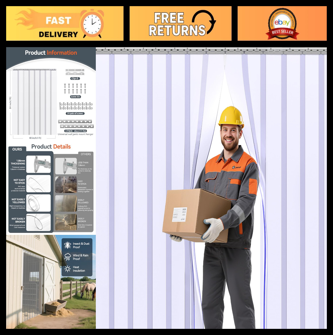 Clear PVC Door Curtain Strips – 84″x48″ Insulating Plastic for Walk-in Coolers,