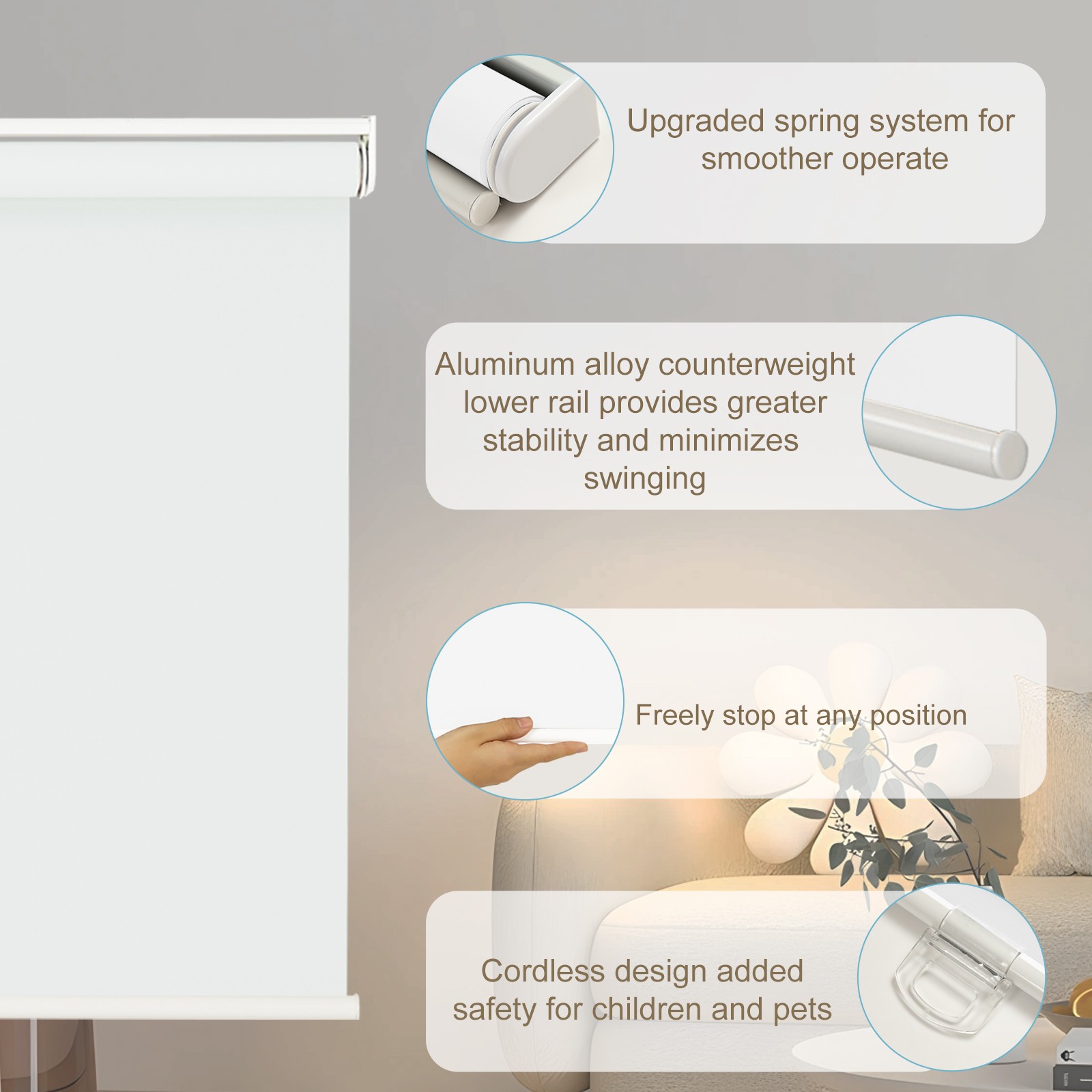 Cordless Blackout Roller Shade Room Darkening Rolled Up Blind For Light Blocking