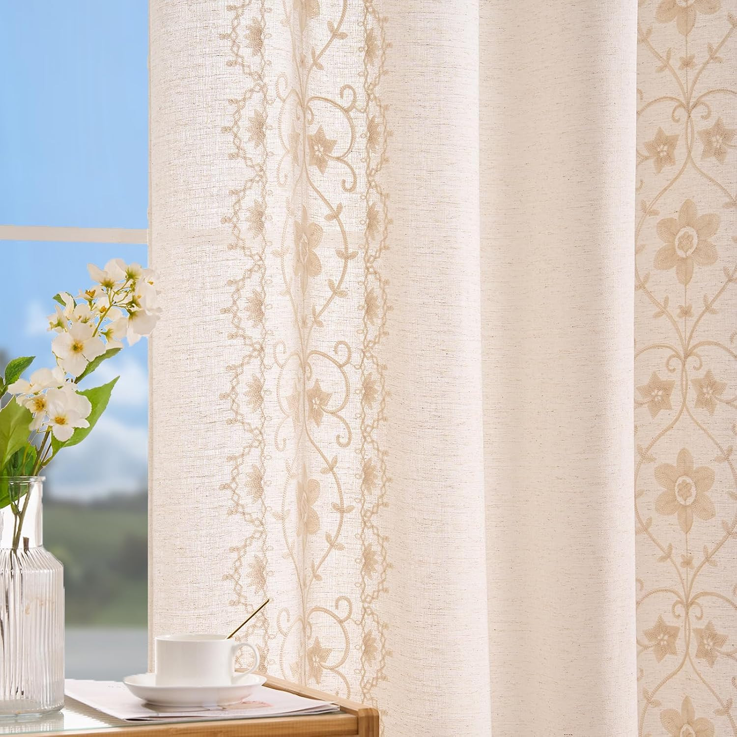 Boho Curtains 2 Panels for Living Room Ivory Vintage Floral Embroidered