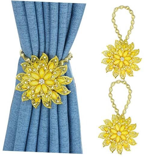 2PCS Magnetic Curtain Tiebacks Decorative Crystal Flower Shape Golden+yellow