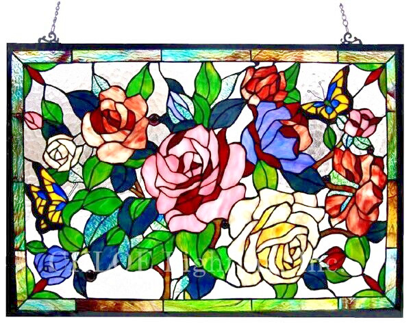 Tiffany Style Stained Glass Window Panel 27″ x 19″ Butterfly & Roses Floral