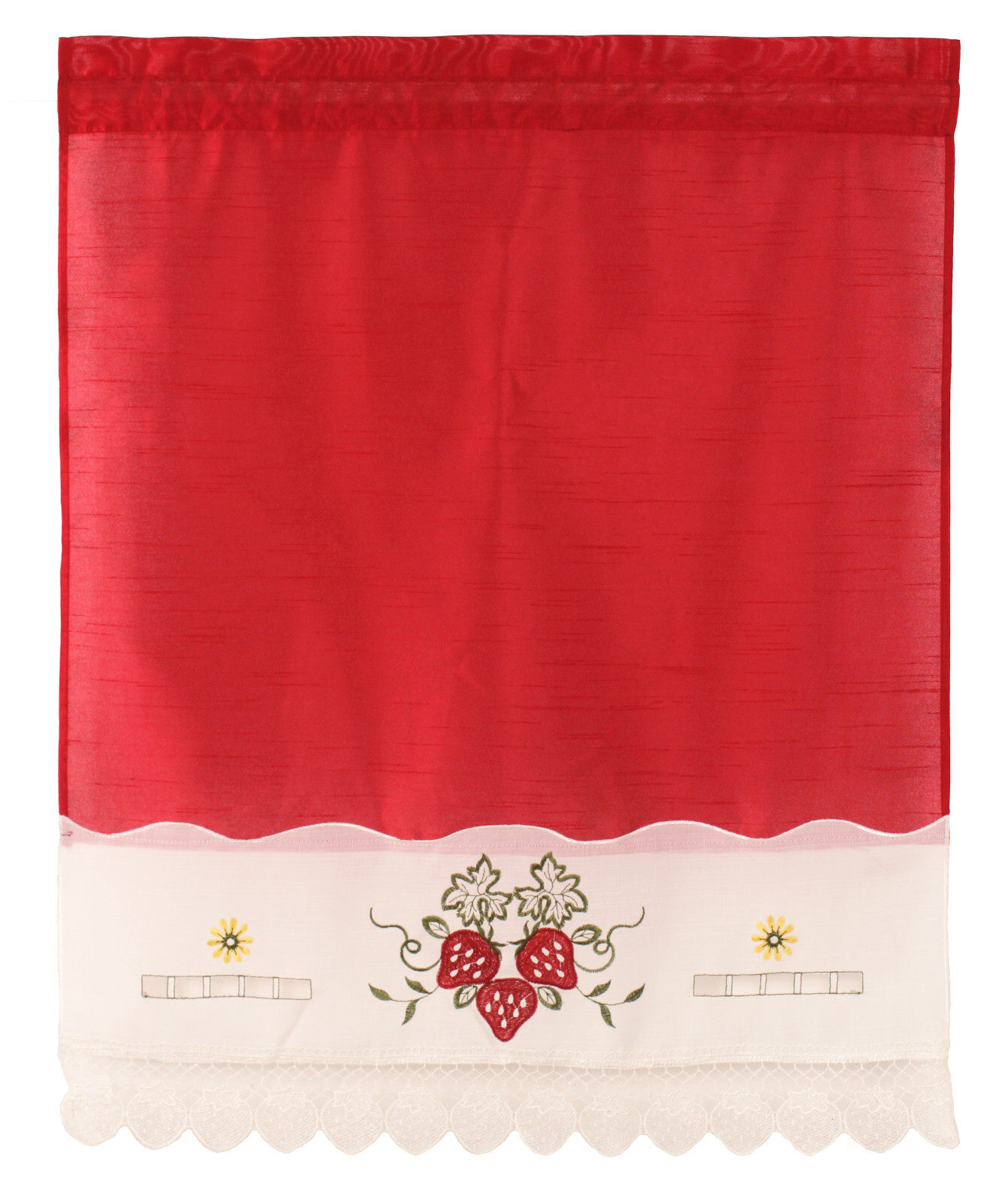 Strawberry Macrame Embroidery Design Kitchen Curtain w Swag and Tier Set 36 inch