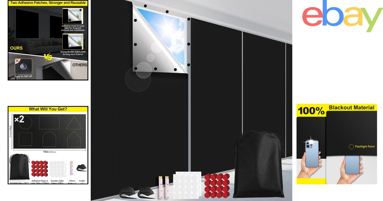 100% Blackout Window Cover Film, Portable No-Drill Shades for Sun Protection