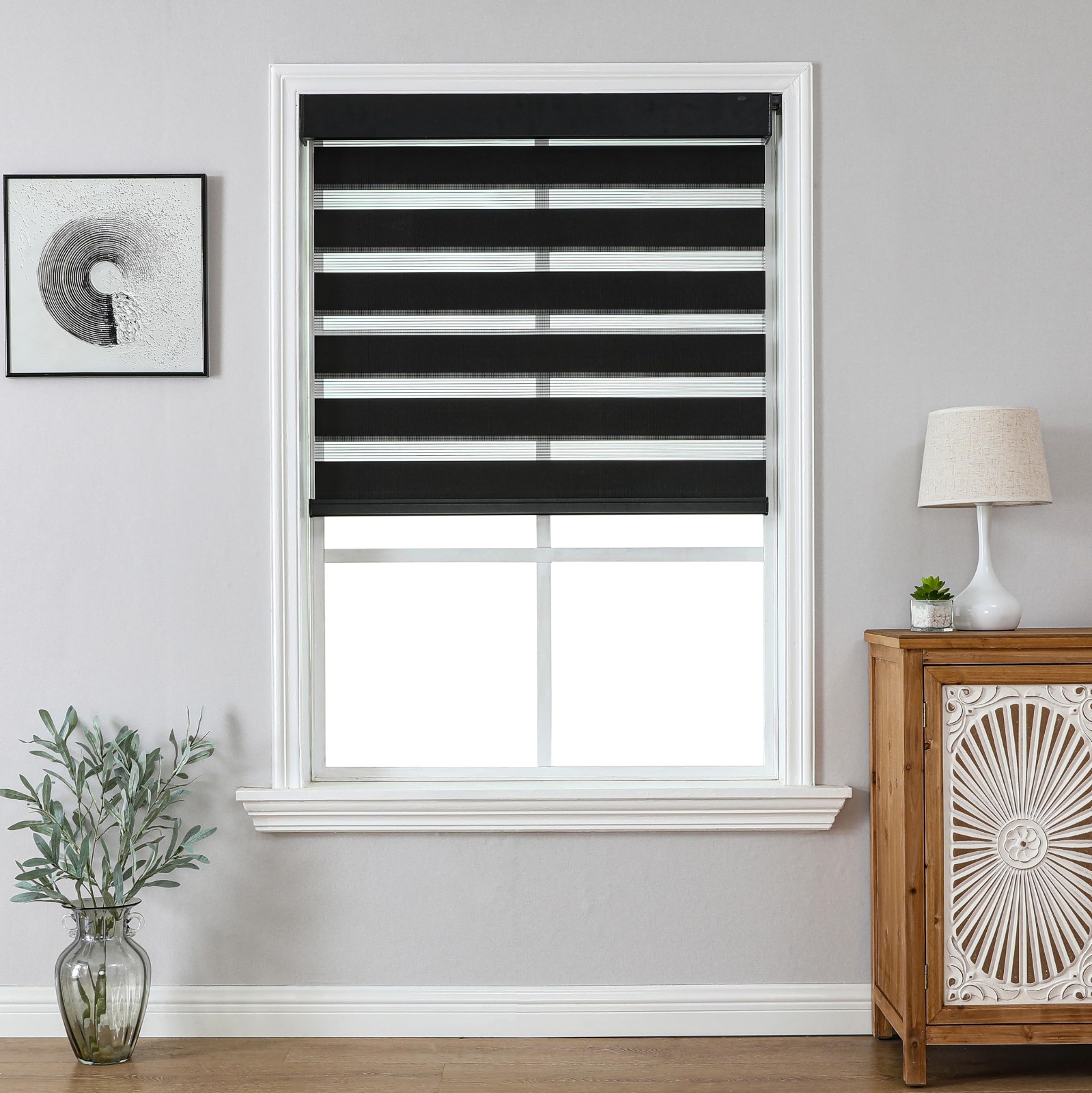 Joydeco No Drill Zebra Blinds 35×75 Black Cordless Day Night Roller Shade