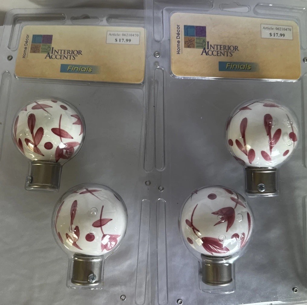Vintage Set of 4 Pink Floral Finials 3.5” Diameter Each – New in Packaging