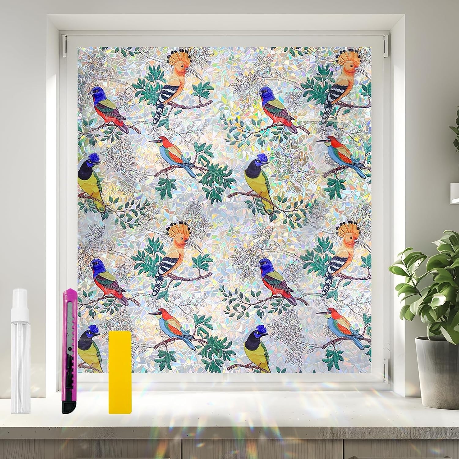 Decorative Reusable Window Privacy Film Colorful Birds on The Branch 35.4 X 78.7