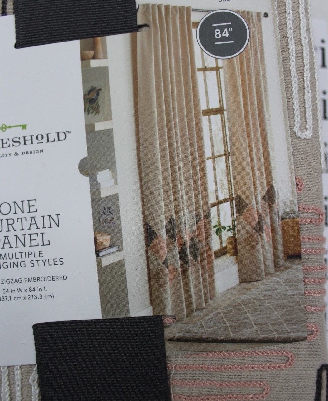 Threshold Blush Zigzag Embroidered One Window Curtain Panel Light Brown NEW