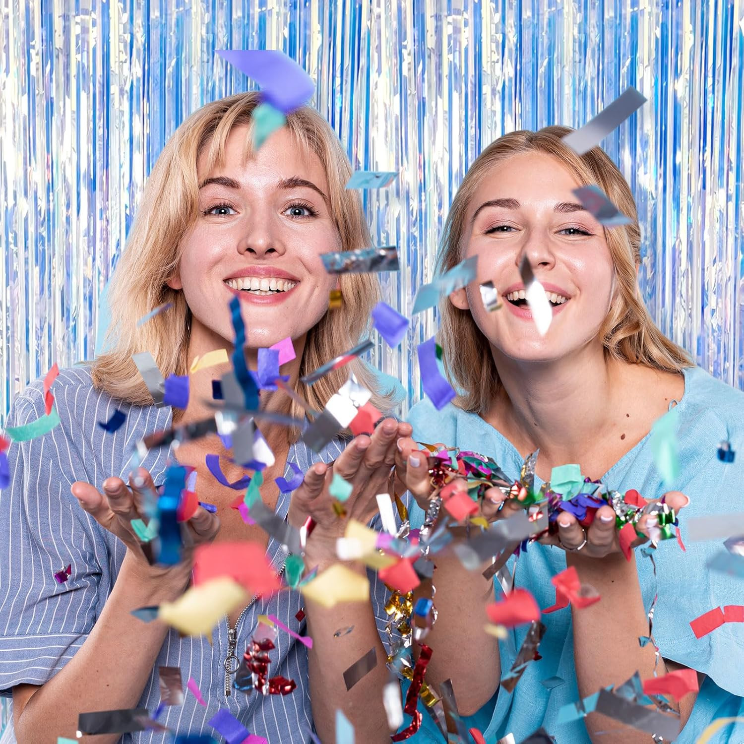 2 Pack Foil Curtain Backdrop Iridescent Metallic Tinsel Foil Fringe Curtains Pho