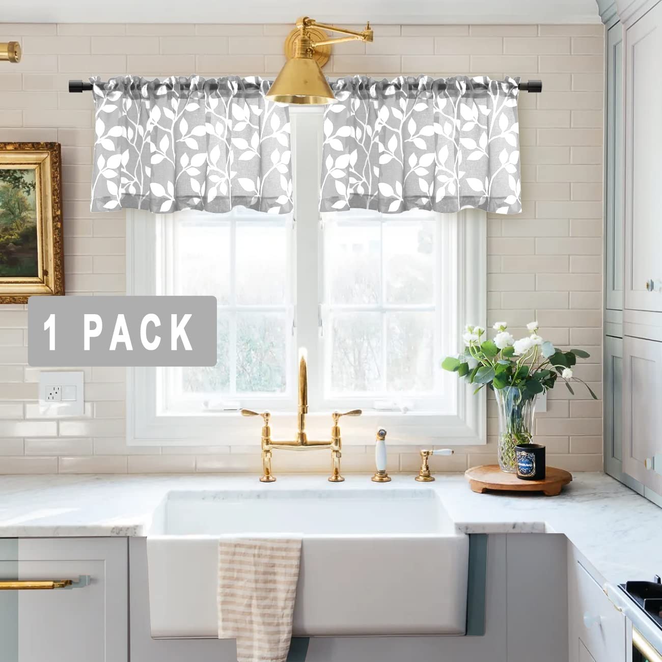 Sheer Valances for Kitchen Windows, Gray and White Leaf Spring Curtain Valenc…