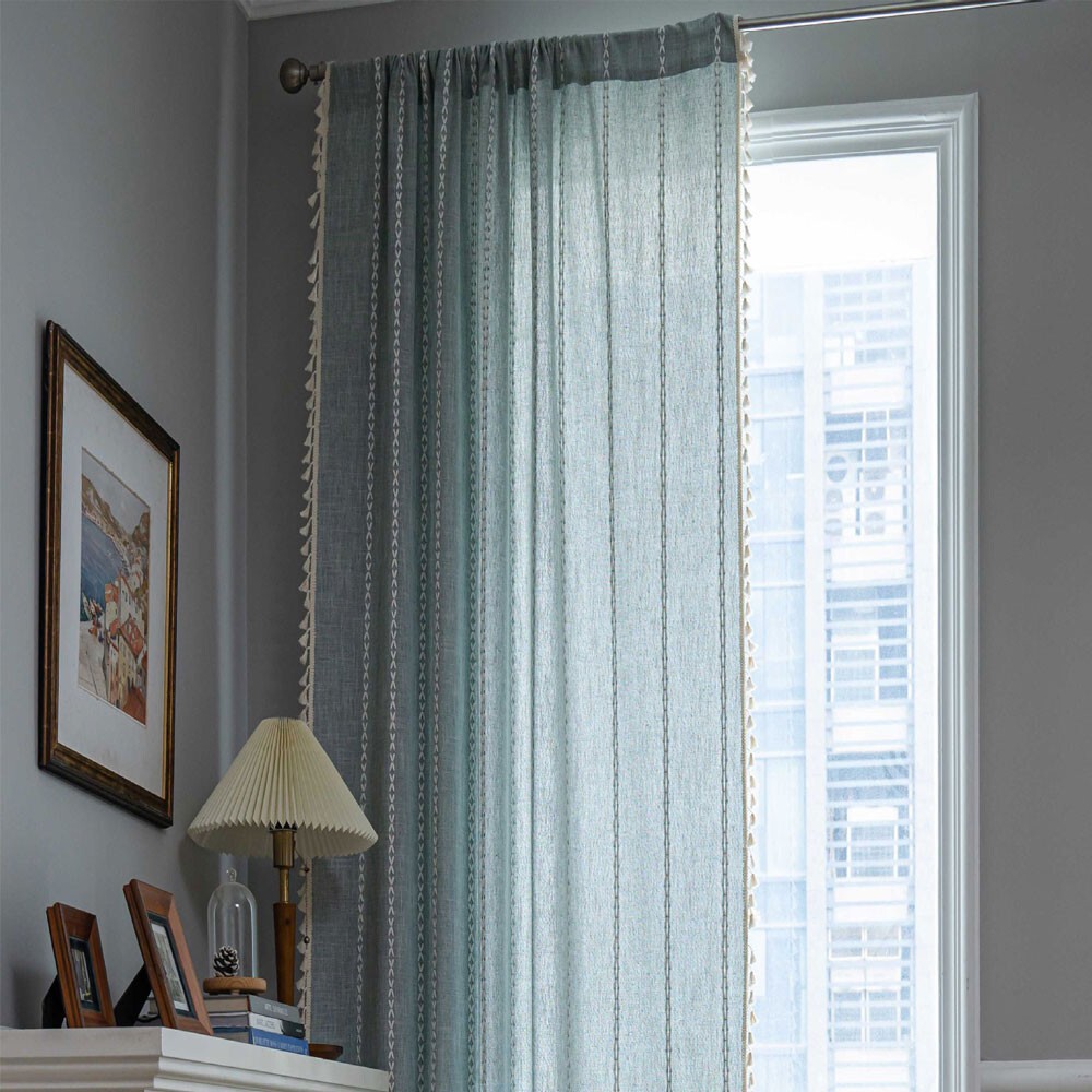 Rustic Striped Embroidered Curtain Window Drapes Panel Farmhouse Boho Home Decor
