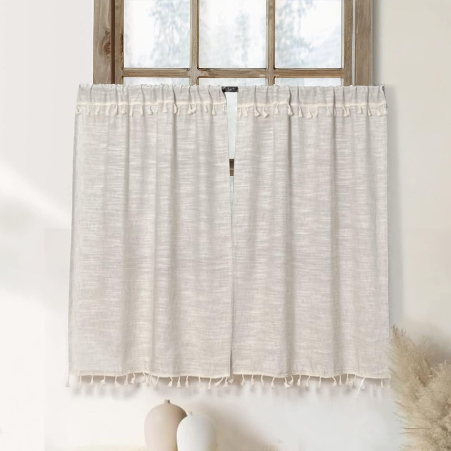 Boho Tassel Kitchen Curtains 36 Inch Length Modern Farmhouse Cotton Linen Short