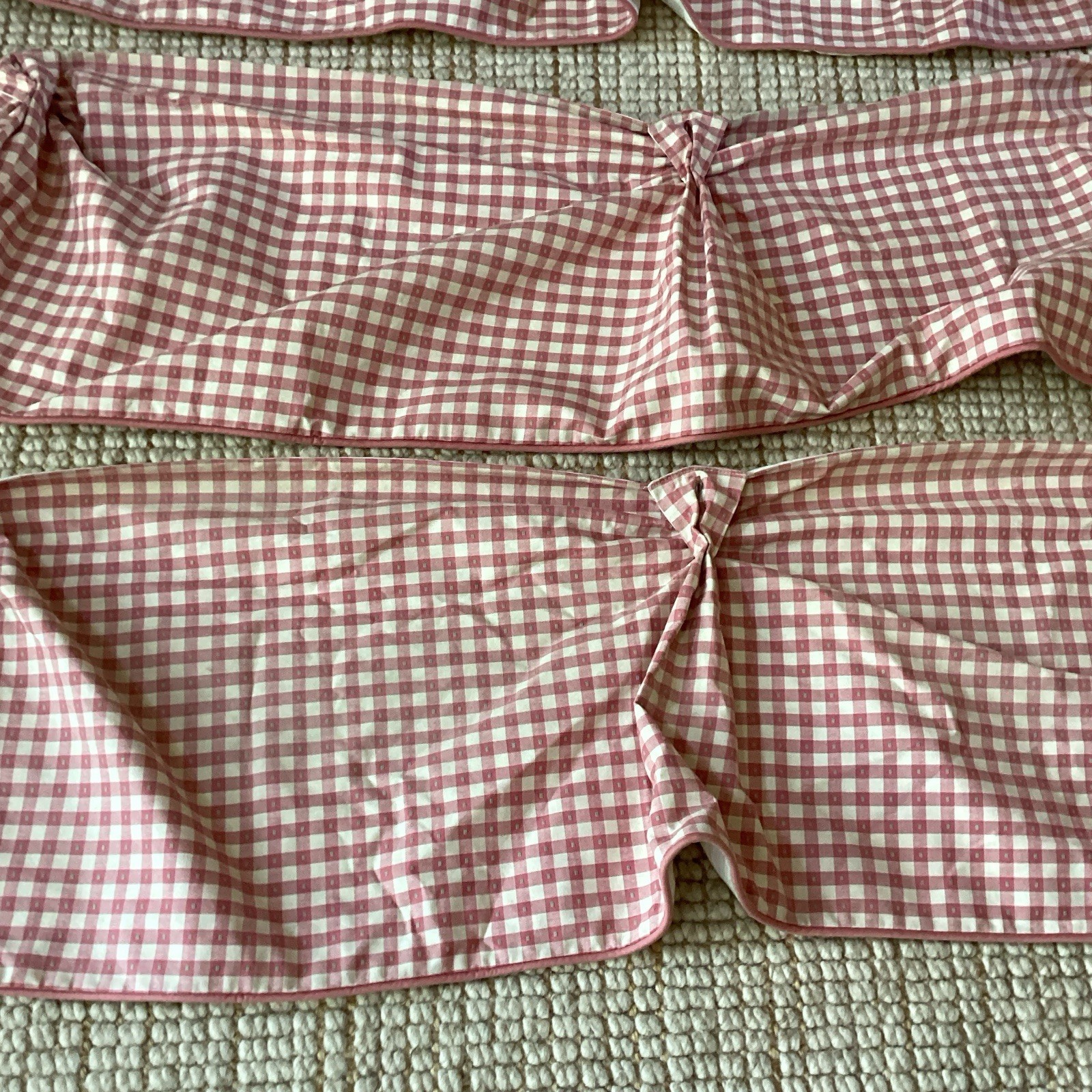 4 Custom Made Pink Gingham Window Valance Swag Lined Piping 14×54″ and 11×69″
