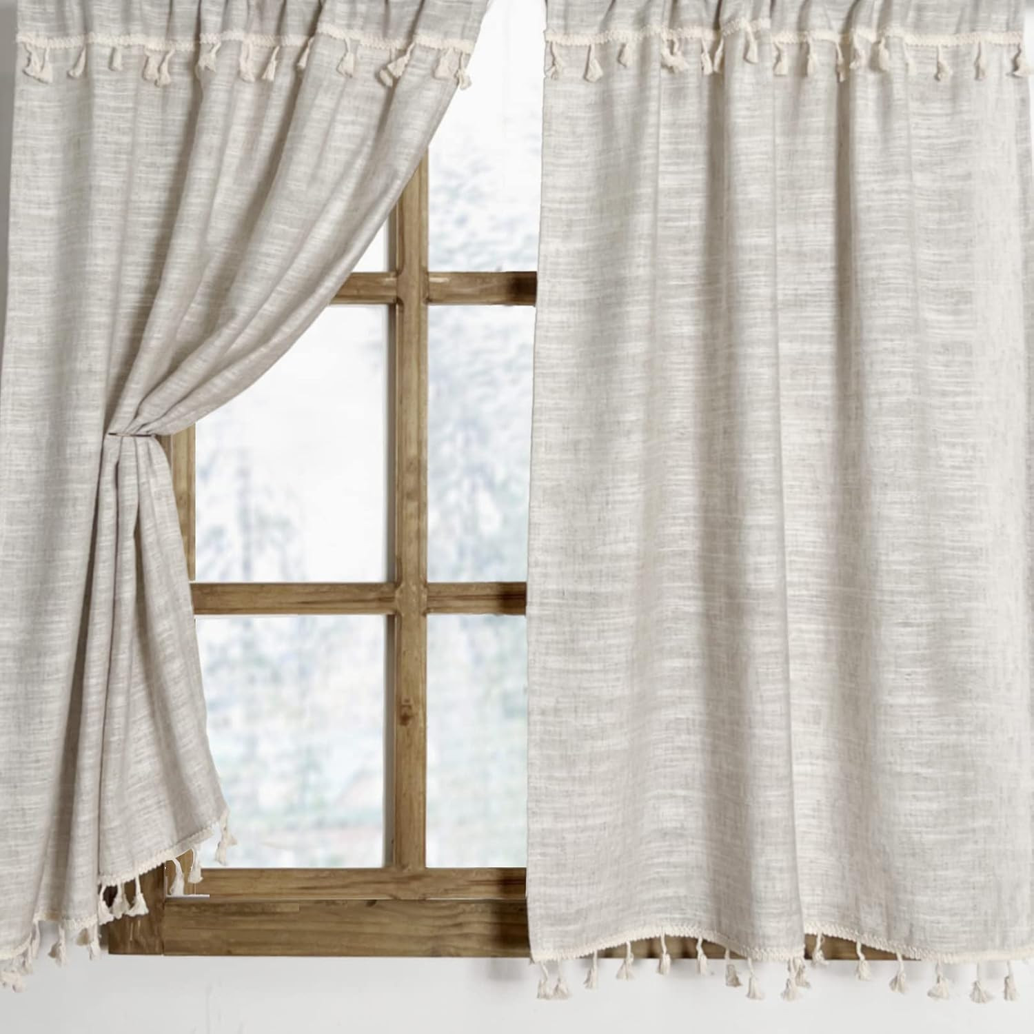 Boho Tassel Kitchen Curtains 36 Inch Length Modern Farmhouse Cotton Linen Short