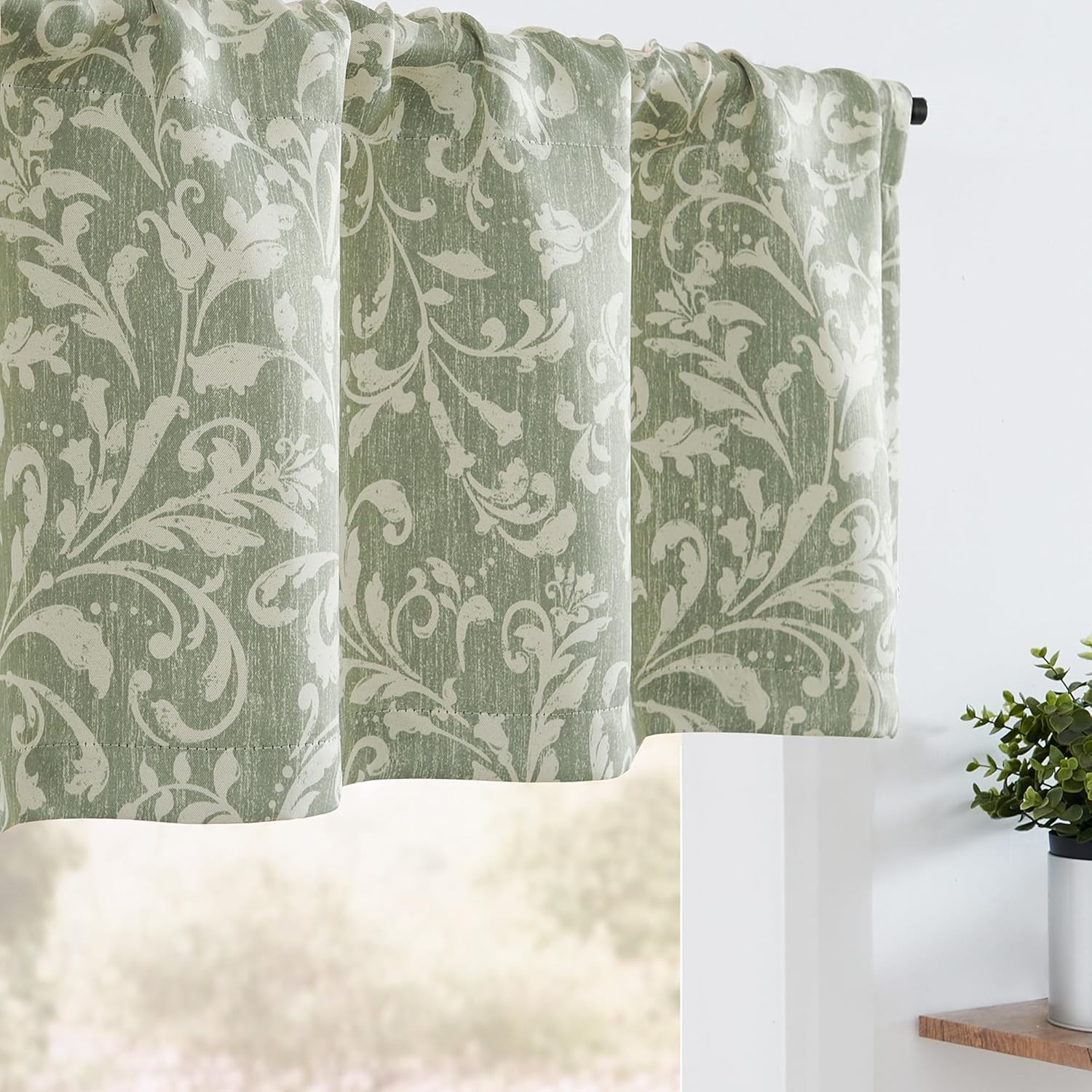 Floral Valance Curtain Vintage Dusty Sage Scroll Curtain Kitchen Living Room