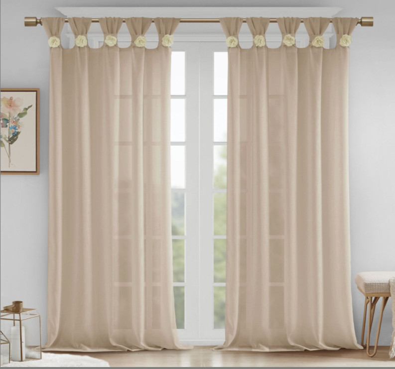 2 Madison Park Rosette Floral 84-Inch Twist Tab Window Curtain Panel in Linen