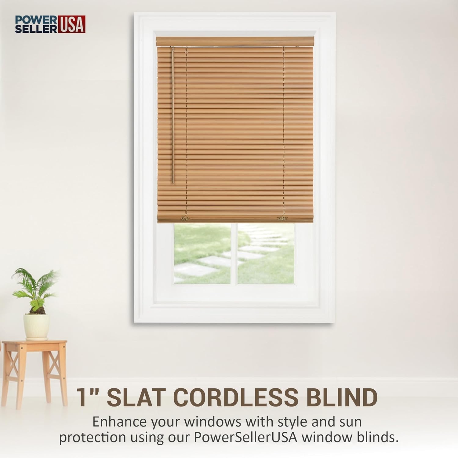 PowerSellerUSA Cordless Vinyl Mini Blinds 34×64 Inch Woodtone