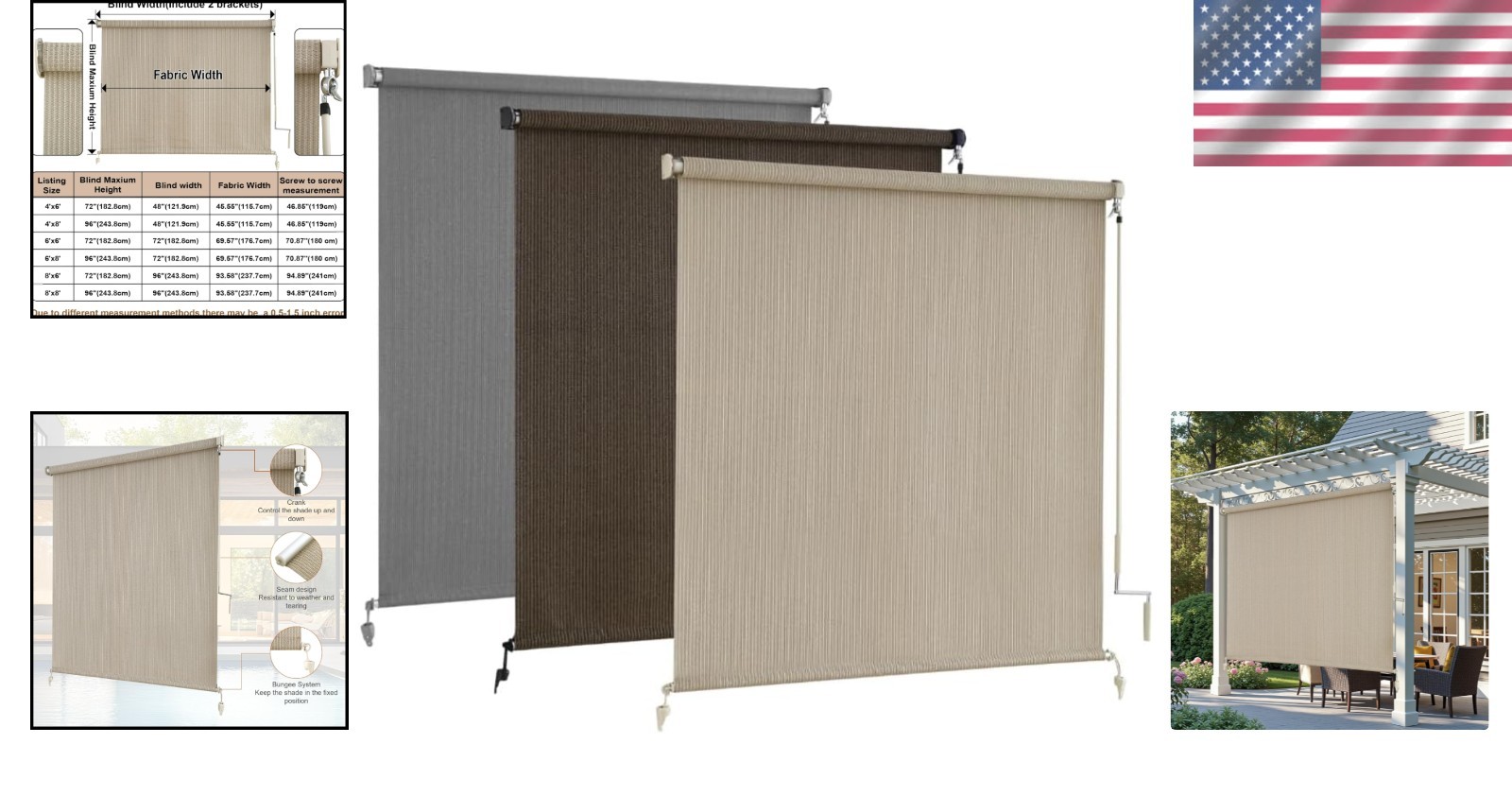 Outdoor Roller Shades Cordless Patio Blinds Roll Up for Porch Balcony Backyard
