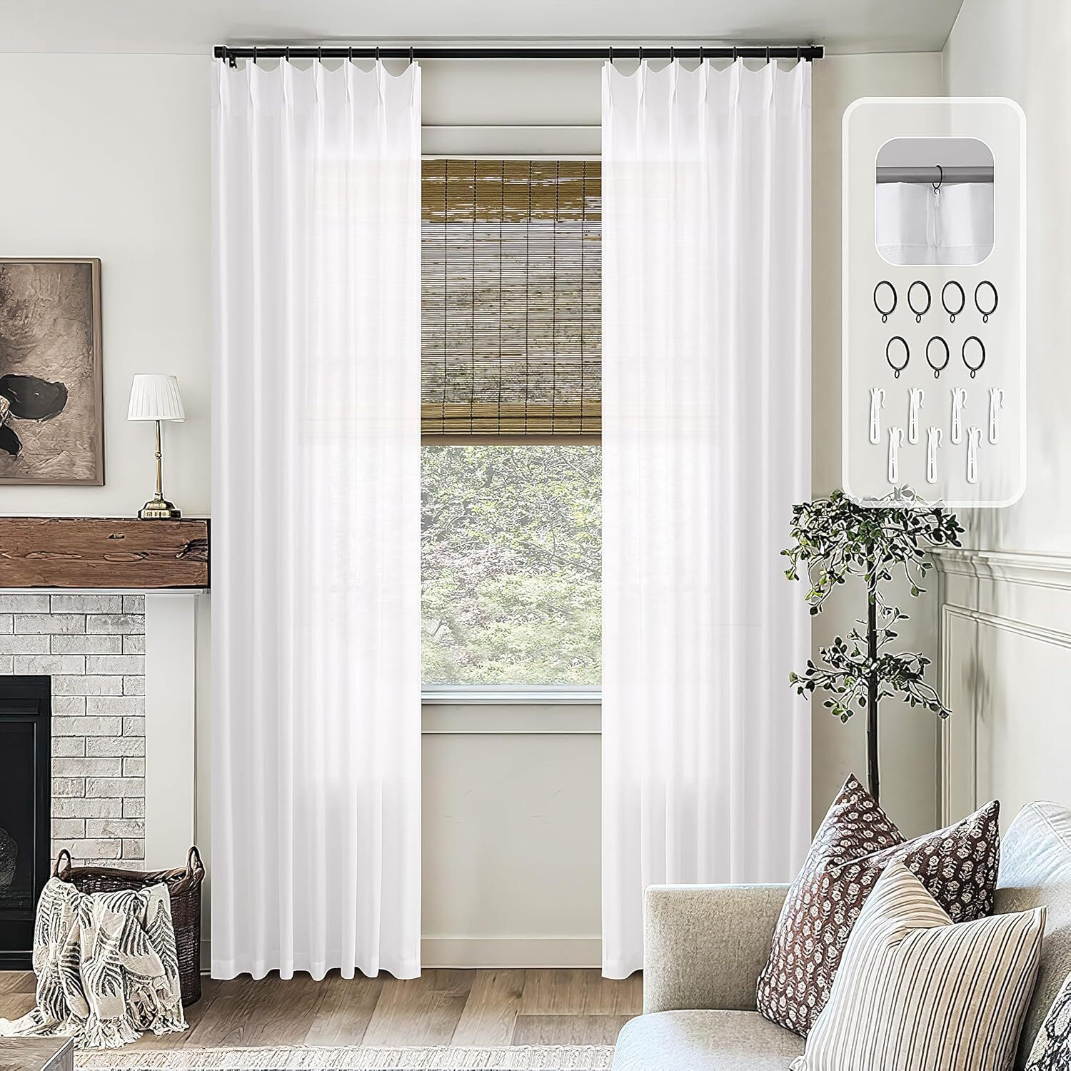 White Pinch Pleated Linen Curtains 96 Inches Long for Living Room Bedroom Cotton