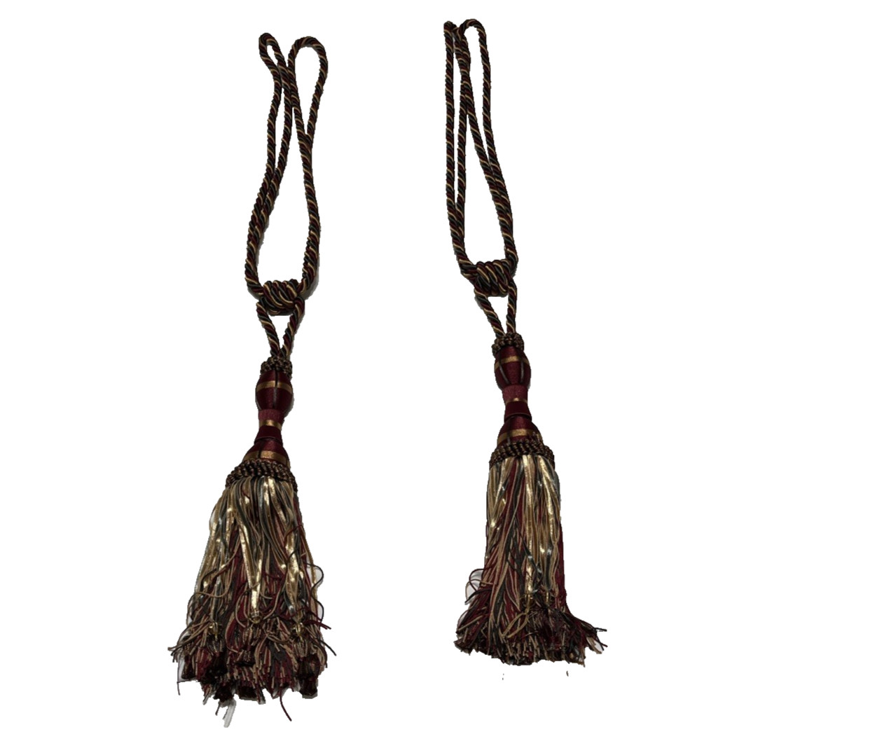 Pair Decorative Beaded Curtain Tiebacks Tassel Rope Burgundy Gold 30”