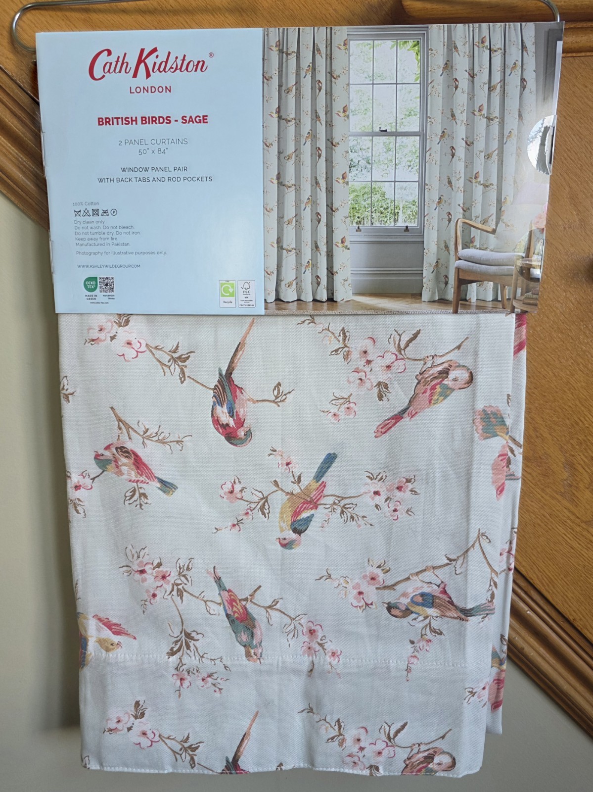 NEW Cath Kidston Window Curtains Pair British Birds Sage Cotton 50″ W x 84″ L