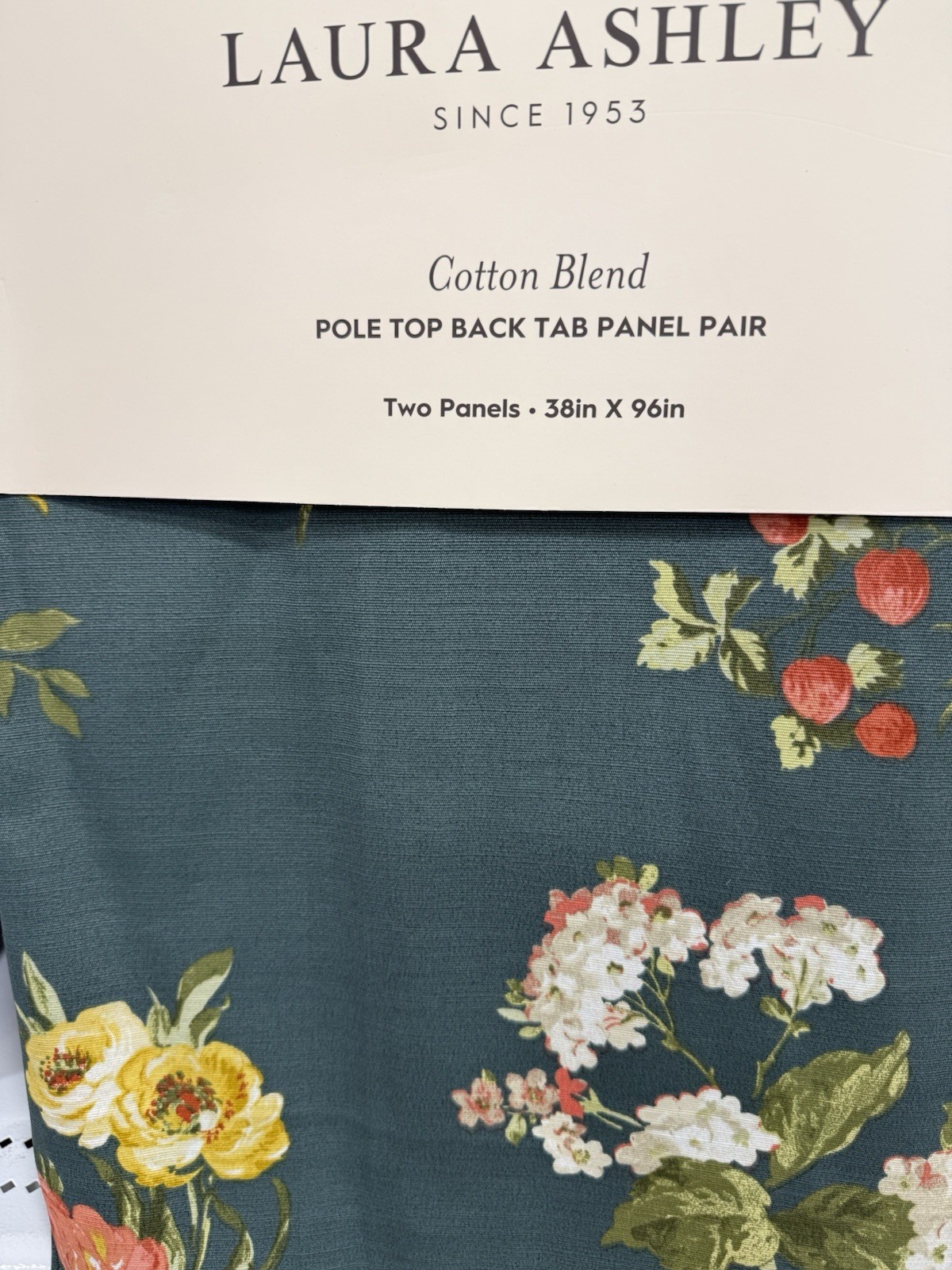 (2) Laura Ashley Rosemore Multi Floral Green Pole Top Back Tab Panel 96” New~