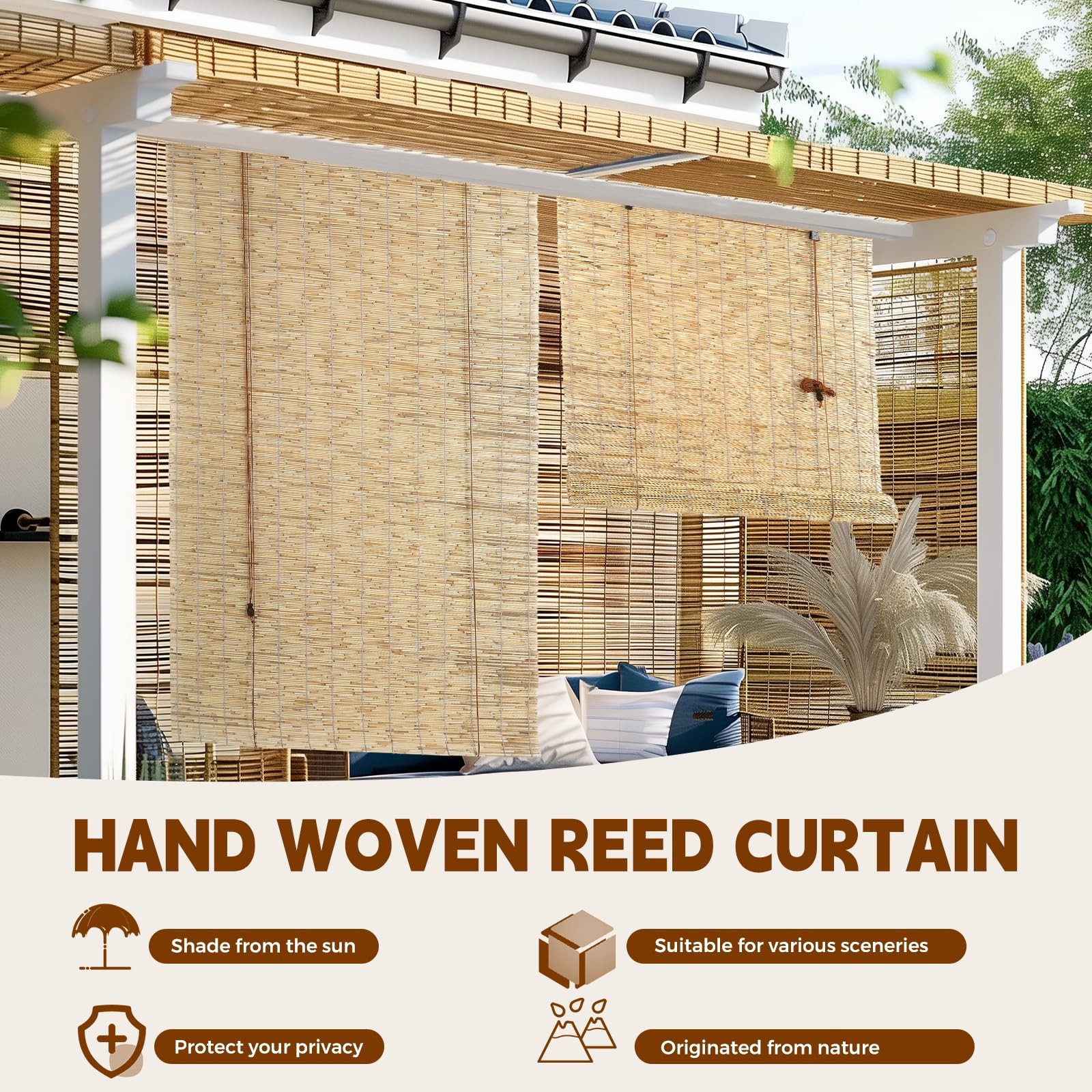 Reed Roller Blinds – Waterproof, Breathable, Easy Install, 72″x72″ Sun Shade